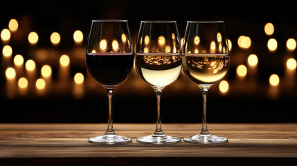 Elegant red and white wine glasses on wooden table, illuminated by soft candlelight, create warm and inviting atmosphere for any gathering