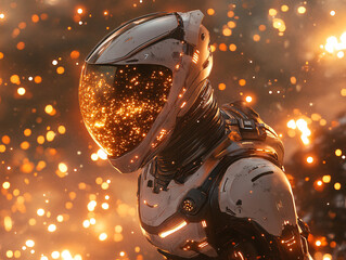A robot with a gold helmet. The robot is shiny and glowing. The background has a lot of yellow lights.