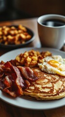 Classic Breakfast Plate with Pancakes, Bacon, and Eggs – Cozy and Inviting