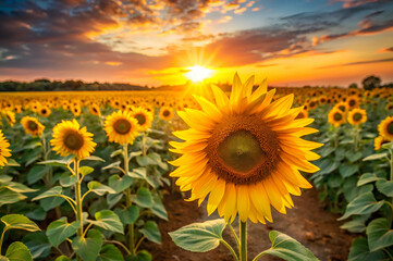 Fototapeta premium A vibrant sunflower field at sunset, with bright yellow blooms stretching towards the sky, creating a stunning contrast against the colorful horizon.