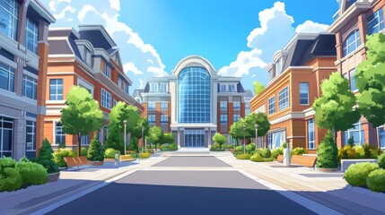 Urban Cityscape: Digital illustration of a modern street with a glass building surrounded by diverse architecture, peaceful atmosphere.