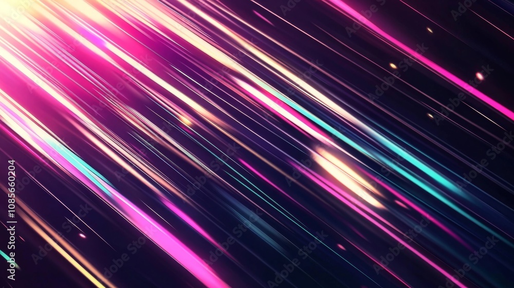 Poster abstract digital art with dark background featuring vibrant multicolored lines in dynamic diagonal c