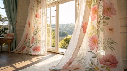 Long, flowing drapes in soft pastel tones with large floral prints, framing a sunny window.  