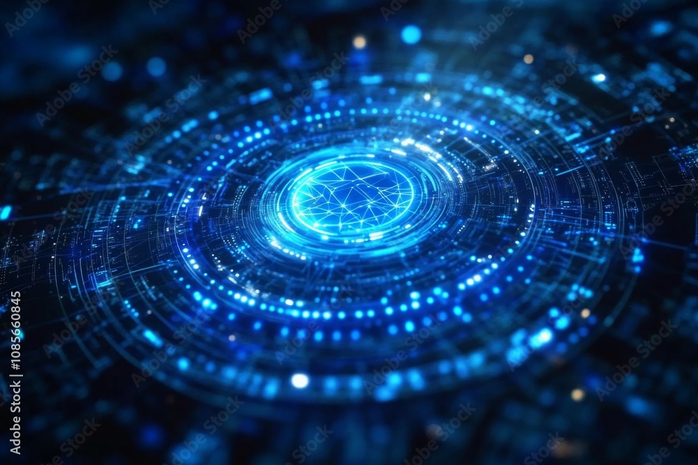 Poster blue glowing futuristic interface with circular design and interconnected lines for technological co