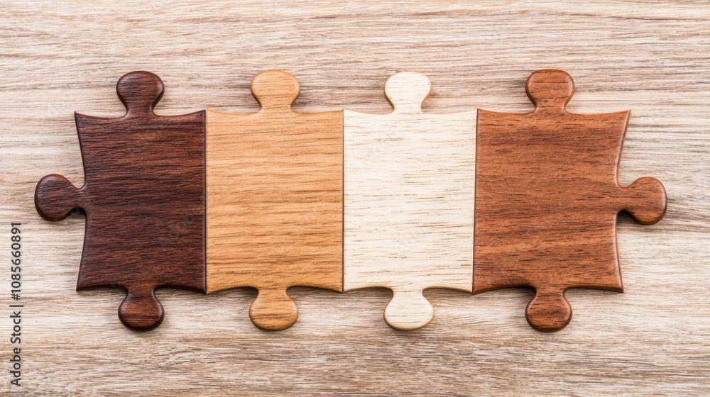 Poster Experience service and analytics concept. Wooden puzzle pieces arranged in teamwork icon, symbolizing unity