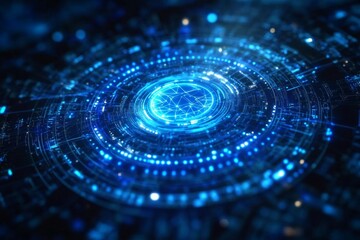 Obraz premium Blue Glowing Futuristic Interface with Circular Design and Interconnected Lines for Technological Concept on Dark Background