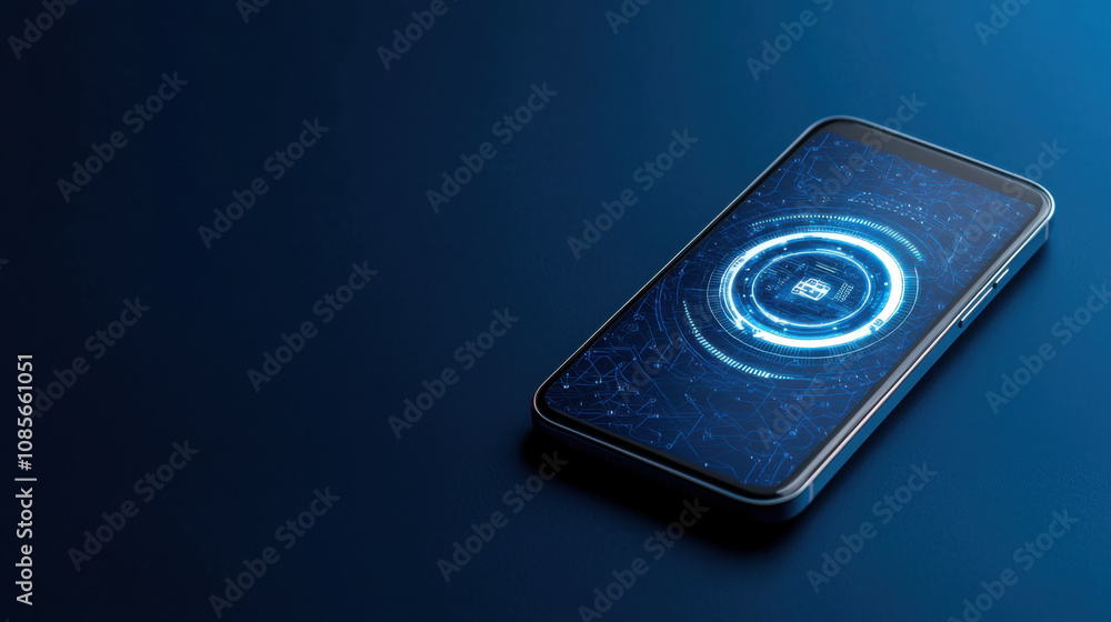 Poster experience service and analytics concept. futuristic smartphone with digital app dashboard glowing b