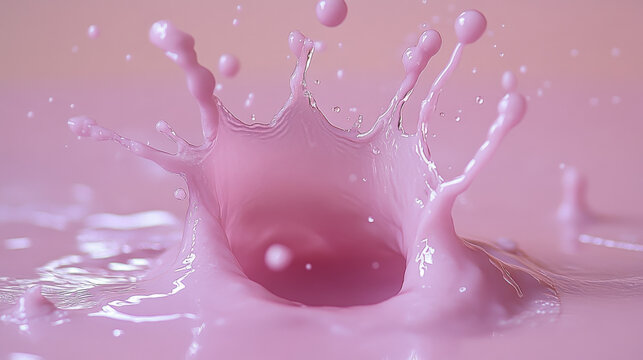 vibrant pink splash creates dynamic visual effect, showcasing droplets and ripples in soft pink background. This captures essence of fluid motion and color
