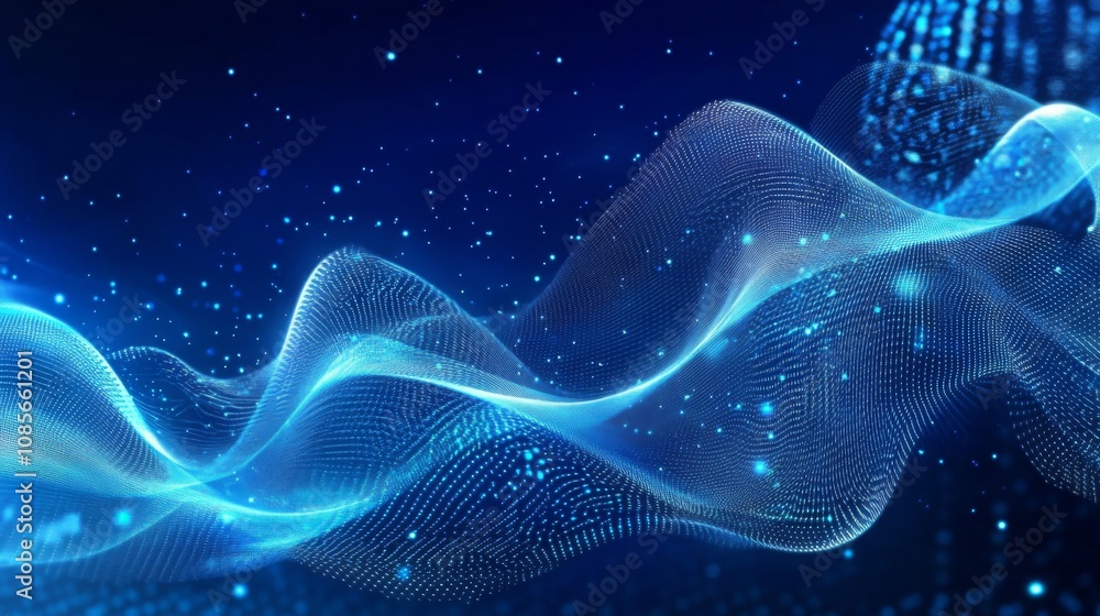 Poster abstract digital art: dark blue background with glowing white dots and wave-like patterns evoking fu