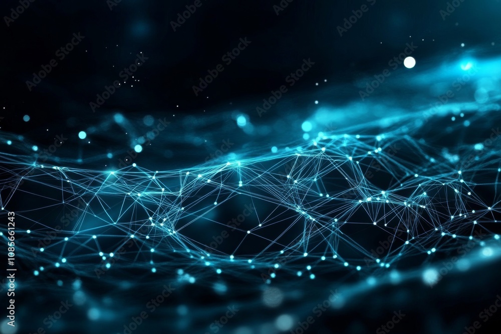 Poster interconnected lines and dots in dark blue: abstract digital art with a futuristic technological fee