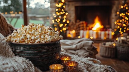 Cozy living room with popcorn and warm fireplace ambiance