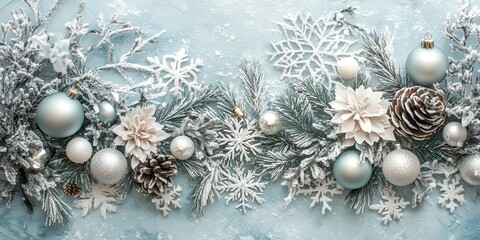 A Winter-Themed Decoration Featuring Snowflakes, Pinecones, and Ornaments Arranged Artistically on a Blue Icy Background for Holiday Celebrations