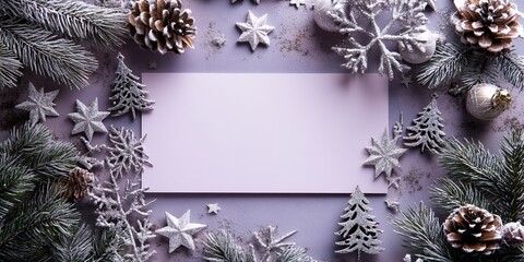 Festive Winter Tabletop Arrangement Featuring Snow-Dusted Pinecones, Fir Branches, and Decorative Stars With a Blank Card Space, Ideal for Holiday Greetings or Seasonal Messages