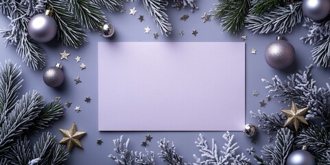 Festive Winter Arrangement With a Blank Card Surrounded by Ornaments and Evergreen Branches for Seasonal Greetings