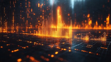 Financial data visualization featuring glowing bar charts radiant market trends interactive clusters symbolizing corporate performance