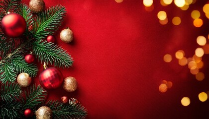 Obraz premium Christmas background with xmas tree, red ornaments and glowing golden bokeh lights on red canvas background. Merry christmas card. Winter holiday theme. Happy New Year. Space for text.