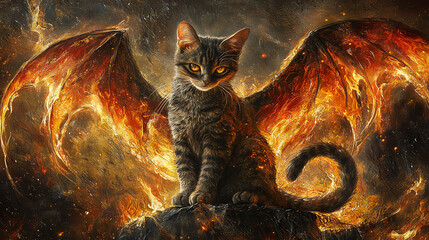 A fierce cat with dragon wings exudes beauty and strength in a mystical setting under a twilight sky