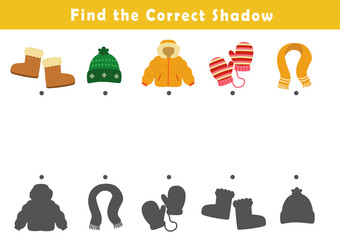 Winter activity sheet. Find the correct shadow of the cute illustration. Educational logic game for children. Printable worksheet	