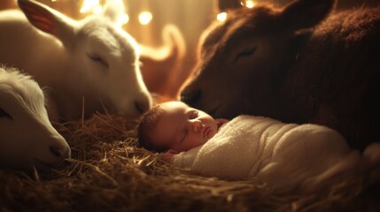 Manger scene with sleeping baby Jesus and surrounding animals