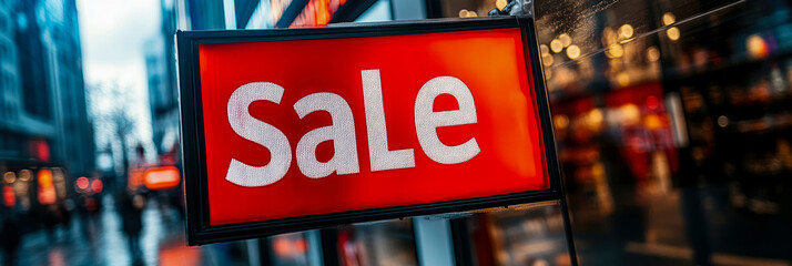 A bright red sign displaying the word sale hangs outside a shop, drawing the attention of passersby amid a bustling city atmosphere on a rainy day