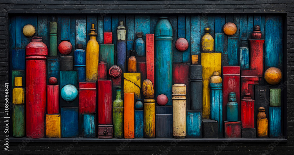 Poster a vibrant mural showcases an array of colorful bottles and geometric shapes, creating an eye-catchin
