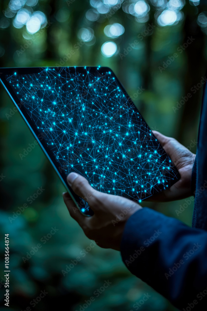 Poster in a tranquil forest at twilight, an individual stands with a luminous tablet displaying intricate d