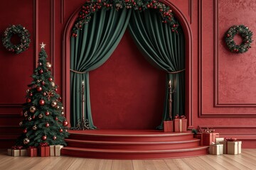 3D render of a Christmas stage background with green curtain, podium, Christmas tree, and gift boxes near an arch on a red wall, designed for product presentation or mockup in a New Year concept.