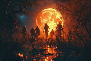 Fototapeta premium Scary zombie wandering in street with dramatic lighting on Halloween