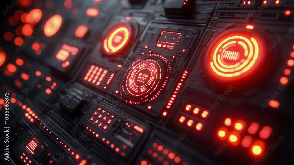 Poster glowing red lights illuminate an intricate digital interface featuring complex circuit designs and f