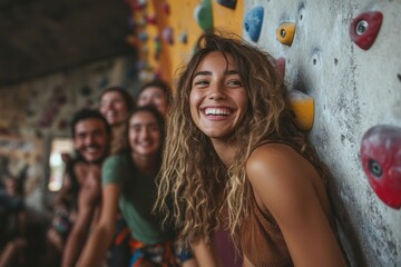 Happy Climbers at Indoor Climbing Gym  Friends Smiling  Teamwork  Fitness  Active Lifestyl