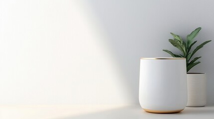 Minimalist Interior Design Featuring Elegant White Ceramic Pots and Lush Green Plants Against a Soft Light Background