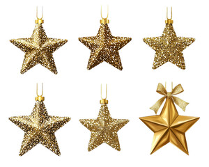 Set of six gold stars with glitter and a bow hanging from a string. on Isolated transparent background