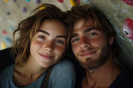 Young Couple Close Up Portrait  Happy Smiling Faces  Indoor Climbing Gym Background  Freck