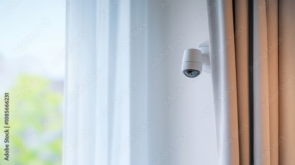 Poster modern security camera installed in home interior near sheer curtain with soft natural light streami