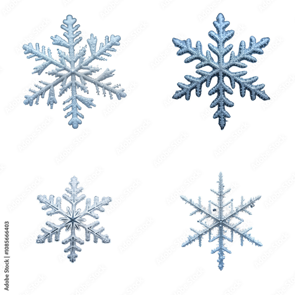 Poster frozen snowflake macro photo set. four unique snowflakes on isolated background. detailed close-up v