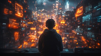 Ethical Hacker Monitoring Networks Glowing Data Streams Secure Nodes in a Futuristic Cybersecurity Visualization