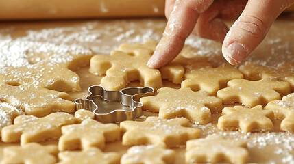 A close-up of a cookie cutter pressing into dough, with flour-dusted hands and a rolling pin visible 