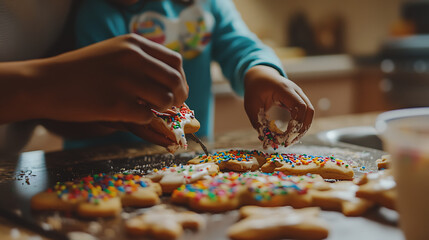 A child and parent decorating cookies with colorful icing and sprinkles in a warm kitchen setting 