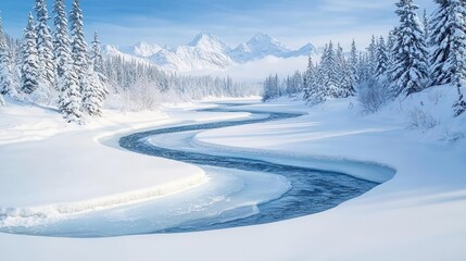 A snowy landscape with a frozen river and its tributaries winding toward a frozen lake destination, surrounded by snowcovered trees, calm and serene