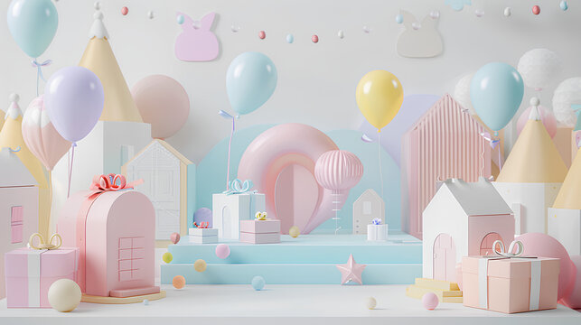 pastel color theme, simple stage design with gift boxes and houses for a children's product launch event, minimalistic