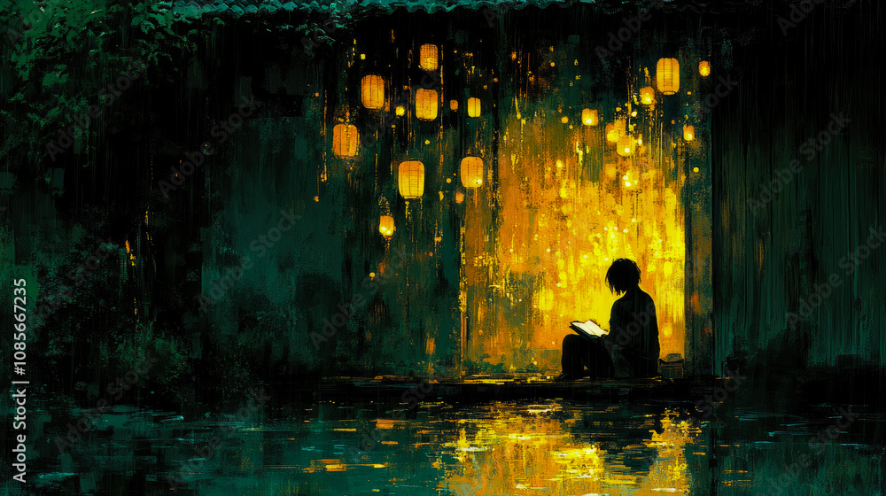 Poster a solitary figure is engrossed in reading a book while surrounded by soft glowing lanterns, creating