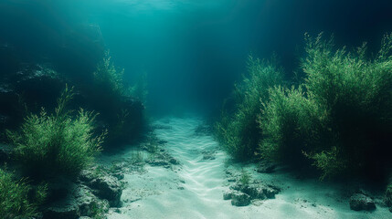 Beneath the surface, a serene underwater pathway leads through vibrant greenery on a sandy ocean floor, illuminated by gentle sunlight