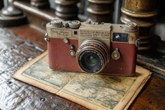 Vintage Camera and Map on Wooden Surface - Powered by Adobe