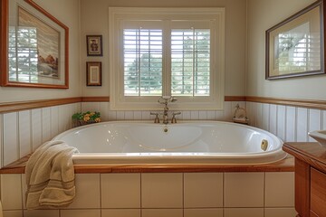 White Tub with Brass Faucets and a Wooden Trim in a Bathroom
