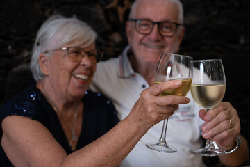 Defocused cheerful caucasian senior couple sitting at restaurant toasting with wineglasses celebrate freedom and retirement