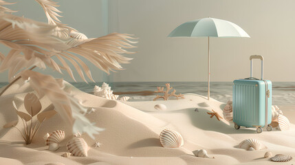 A beach-themed podium with sand dunes, seashells, and an umbrella for summer product display. A blue suitcase sits on the ground next to it. In the style of minimalistic composition