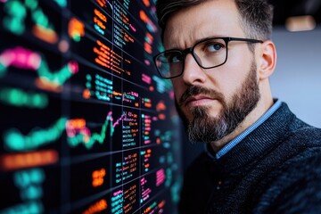 Business analyst evaluating stock market trends office digital data visualization urban environment close-up perspective financial insights