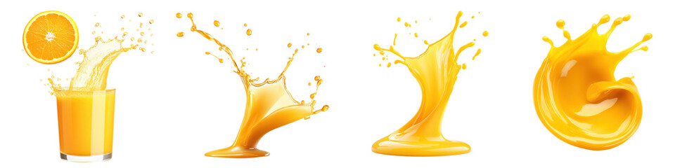 Yellow juice splashes and droplets isolate on transparent background