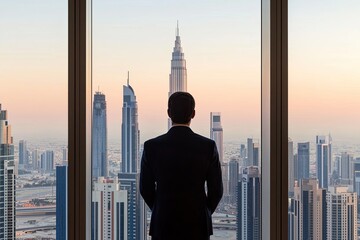 Business professional overlooking dubai skyline at sunset urban environment motivational concept
