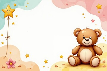 Cute teddy bear with balloon and stars on colorful background.